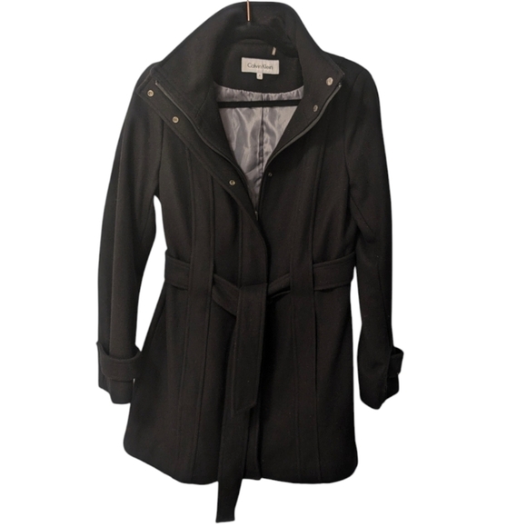 Calvin Klein Women's Wool Blend Belted Structured Black Coat  Size 6 - Picture 1 of 11
